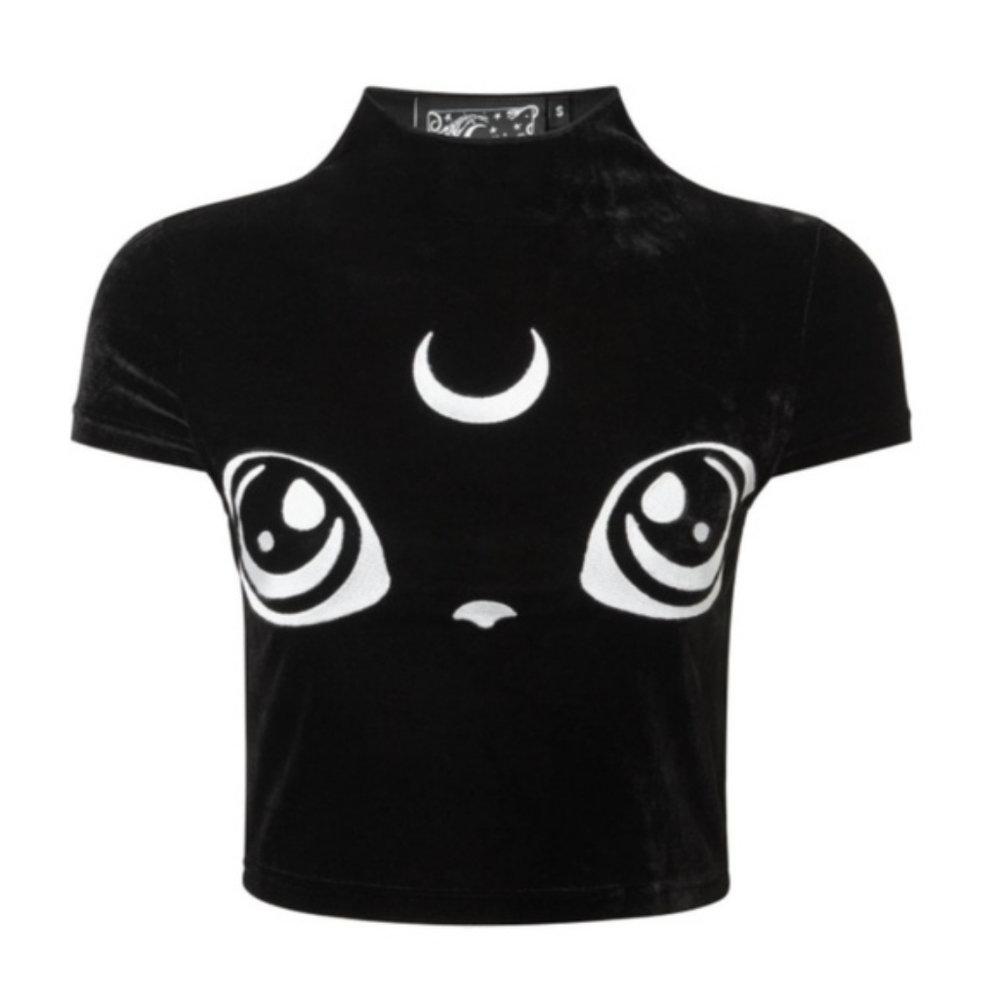 Black Velvet Graphic Moon Cat Crop Top
